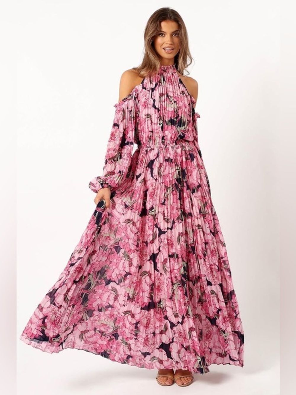 Petal + Pup Hilary Pink Floral Cold Shoulder Pleated Maxi Dress Small